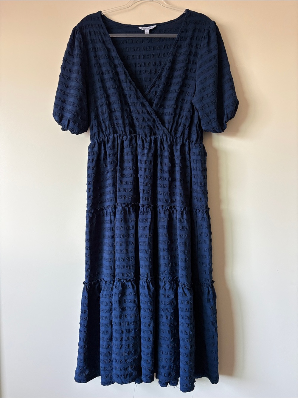 Ophelia Roe Textured Navy Tiered Maxi Dress with Puff Sleeves